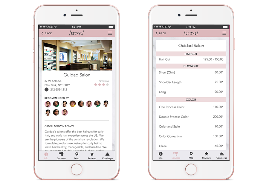 Trest Salon Info and Services Screens